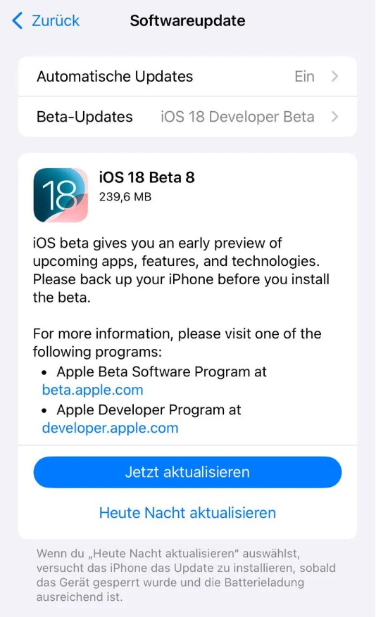 安溪苹果手机维修分享苹果 iOS / iPadOS 18 开发者预览版 Beta 8 发布 